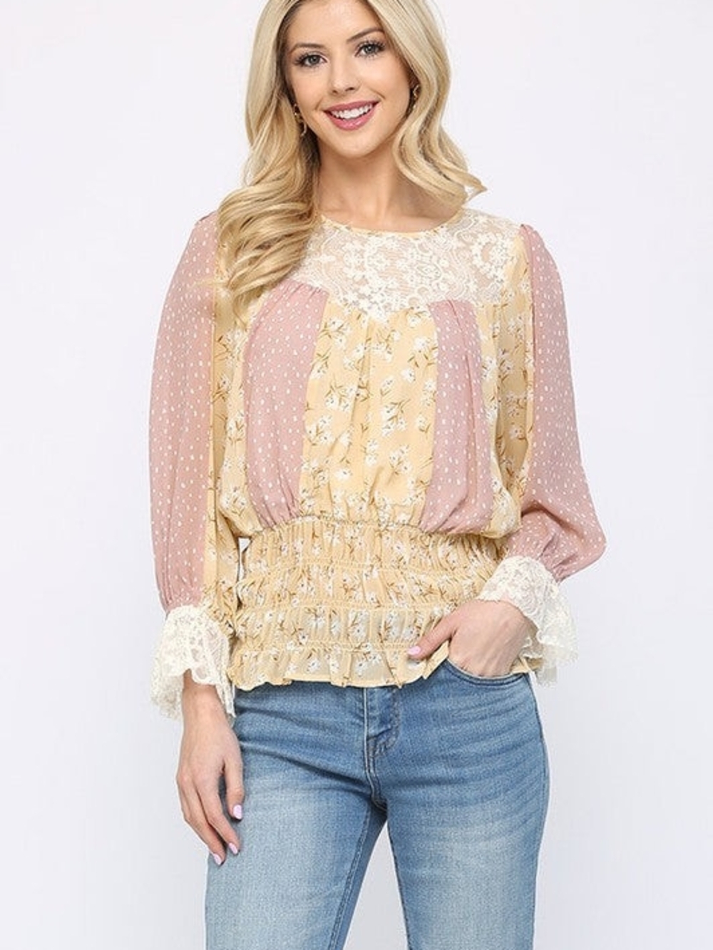 Smocked Waist Floral Lace Blouse in Pink & Cream. Medium